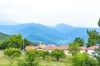 a house with mountains in the background with trees at Apartma Korada in Deskle