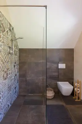a bathroom with a glass shower and a toilet at The Valley Queens in Bovec