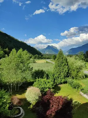 an aerial view of a field with trees and mountains at Apartma Dobra misel in Bovec