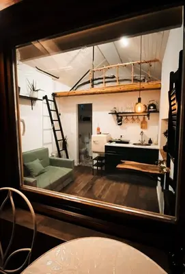 a mirror reflection of a living room with a green couch at Lunela estate with sauna in Cerklje na Gorenjskem