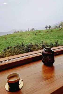 two cups of coffee on a table with a field of cows at Lunela estate with sauna in Cerklje na Gorenjskem