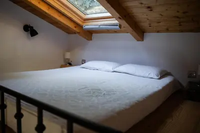 a bedroom with a large bed with a skylight at 9b-The Tiny House in Sežana