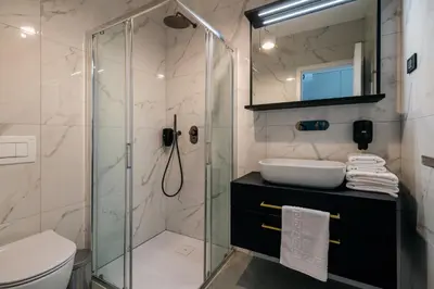 a bathroom with a shower and a sink and a toilet at Dvorec Gregorčič in Smarjeske Toplice