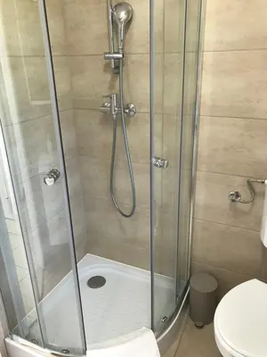 a shower with a glass door and a toilet at Apartma 64 in Bovec