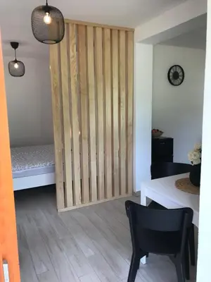a room with a wooden partition with a table and a chair at Apartma 64 in Bovec