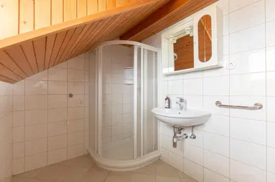 a bathroom with a shower and a sink at Apartmaji Marko in Bled