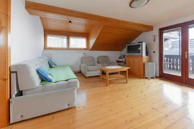 a living room with a couch and a tv at Apartmaji Marko in Bled