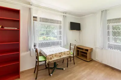 a dining room with a table and chairs and a window at Apartmaji Trstenjak in Rateče