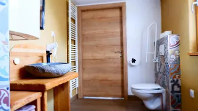 a bathroom with a sink and a toilet at Hiša iz volne in Moravske Toplice