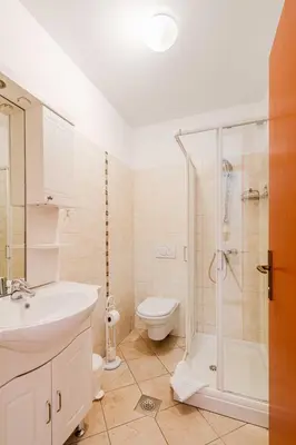a bathroom with a shower and a toilet and a sink at Apartma Miranda in Log pod Mangartom