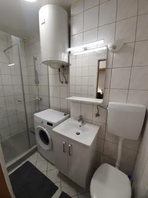 a bathroom with a toilet and a sink and a shower at RAILWAY STATION CITY MODERN APARTMENT in Maribor