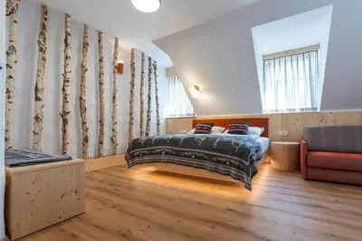 a bedroom with a bed and a couch and a chair at Guesthouse & Camping Danica Bohinj in Bohinj