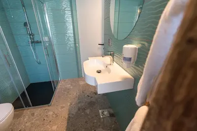 a bathroom with a sink and a shower and a toilet at Guesthouse & Camping Danica Bohinj in Bohinj