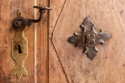 an old metal door knocker on a wooden door at Apartmaji-Utrinek 