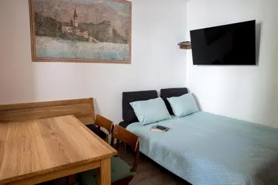 a room with a bed and a table and a tv at Apartmaji-Utrinek 
