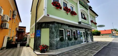 a building with flowers on the side of it at Apartment Luna in Ptuj