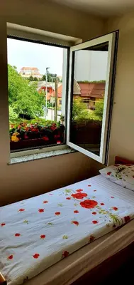 a bedroom with a bed and two windows with flowers at Apartment Luna in Ptuj