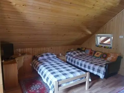 two beds in a room with wooden walls at Podklanci-house in the forest in Knežak