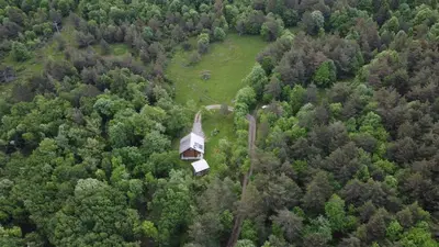 an aerial view of a house in the middle of a forest at Podklanci-house in the forest in Knežak