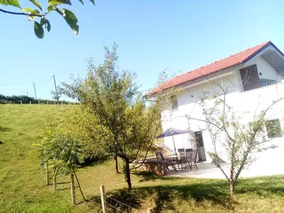 a white house with a table and chairs in a field at Grajsko in Metlika