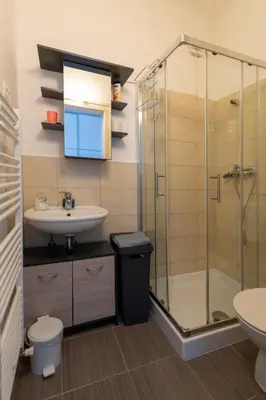 a bathroom with a shower and a sink and a toilet at Soska 5 in Ljubljana