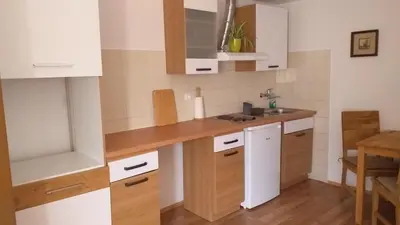 a kitchen with white cabinets and a wooden counter top at Relax Črni Kal 3 in Črni Kal