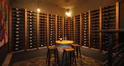 a bar with stools in front of a wall of wine bottles at Villa Vitovlje in Vitovlje