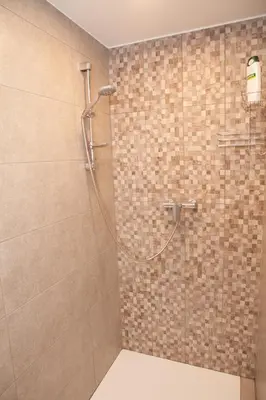 a bathroom with a shower with a tile wall at Bella Belca in Mojstrana