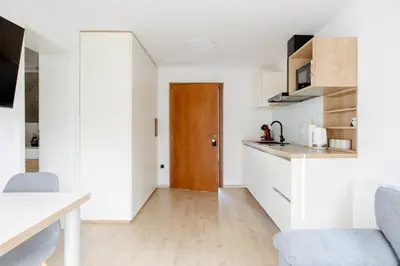 a kitchen with white cabinets and a wooden door at STUDIO BELA in Radovljica