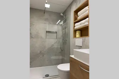 a bathroom with a shower and a toilet and a sink at STUDIO BELA in Radovljica