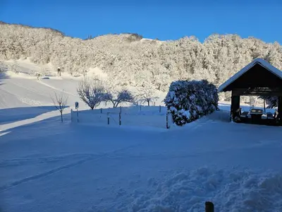 a snow covered yard with a gazebo at Francek house Podčetrtek in Buče