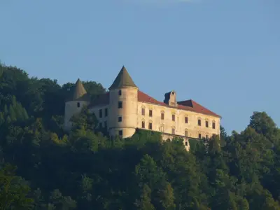 a castle on top of a hill with trees at Francek house Podčetrtek in Buče