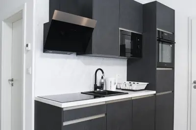 a kitchen with black cabinets and a sink at Point Zero in Ljubljana