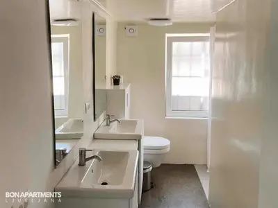 a bathroom with a sink and a toilet and a mirror at Huge BBQ Garden 1, Basement app Two Bathrooms, AC, Free Parking in Ljubljana