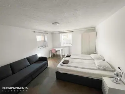 a bedroom with a bed and a couch at Huge BBQ Garden 1, Basement app Two Bathrooms, AC, Free Parking in Ljubljana