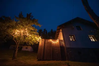 a house with christmas lights on it at night at Cottage Planska koča in Vitanje