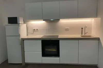 a kitchen with white cabinets and a sink and a microwave at The Villa in Ljubljana