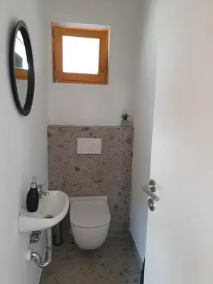 a bathroom with a toilet and a sink and a mirror at River Houses Ljubljanica in Ljubljana