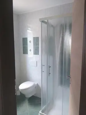 a bathroom with a toilet and a glass shower at Studio Maki in Bled