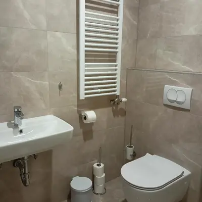 a bathroom with a white toilet and a sink at APARTMAJI KISILAK in Rogašovci
