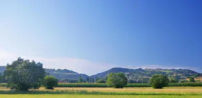 a field with trees and mountains in the background at APARTMAJI KISILAK in Rogašovci