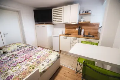a small room with a bed and a kitchen at Apartments Rozalija in Preddvor