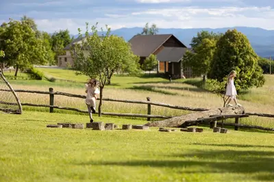 two children playing on a log in a field at Holiday Home Ernest Železni with hot tub in Ivančna Gorica