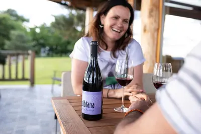 a woman sitting at a table with a bottle of wine at Holiday Home Ernest Železni with hot tub in Ivančna Gorica