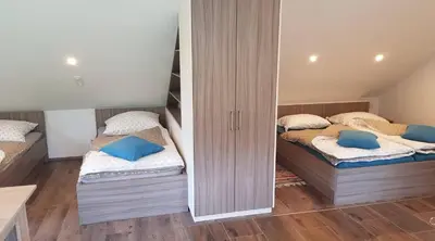 two twin beds in a room with mirrors at Apartma Cifra Begunje in Begunje na Gorenjskem