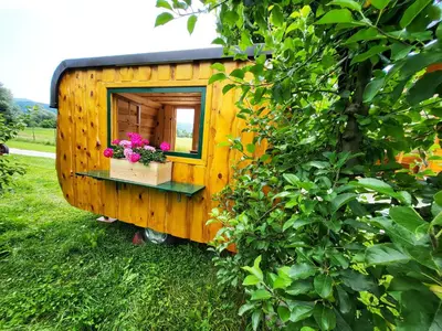 a wooden tiny house with a window and flowers at Unique wooden holiday house in nature in Lukovica pri Domžalah