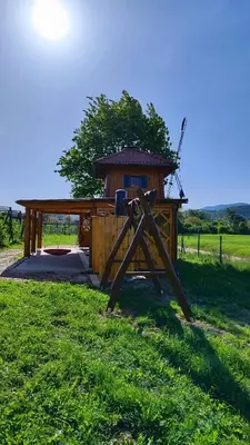 a wooden structure in the grass in front of a house at Unique wooden holiday house in nature in Lukovica pri Domžalah