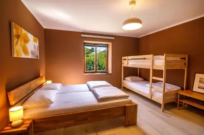a bedroom with two bunk beds and a window at Danilo's Resort, Vipavska dolina in Dobravlje