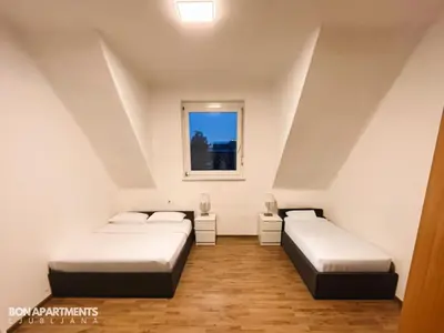 two beds in a room with a window at Huge BBQ Garden 2, Spacious Flat, AC, Free Parking 2 in Ljubljana