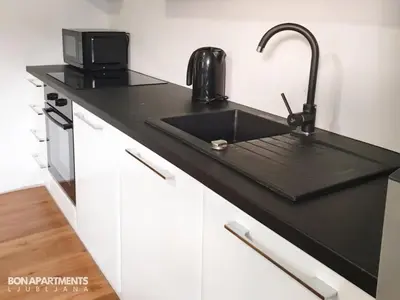 a kitchen counter with a sink and a microwave at Huge BBQ Garden 2, Spacious Flat, AC, Free Parking 2 in Ljubljana